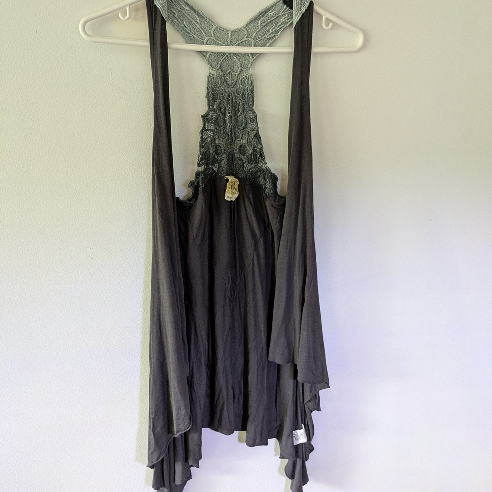Ginger G Boho Gray Vest With Ombre Lace Detailing